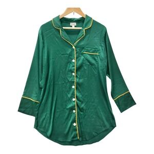 Kilo Brava Green Satin Sleep Shirt Yellow Piping Button Up Nightgown Large